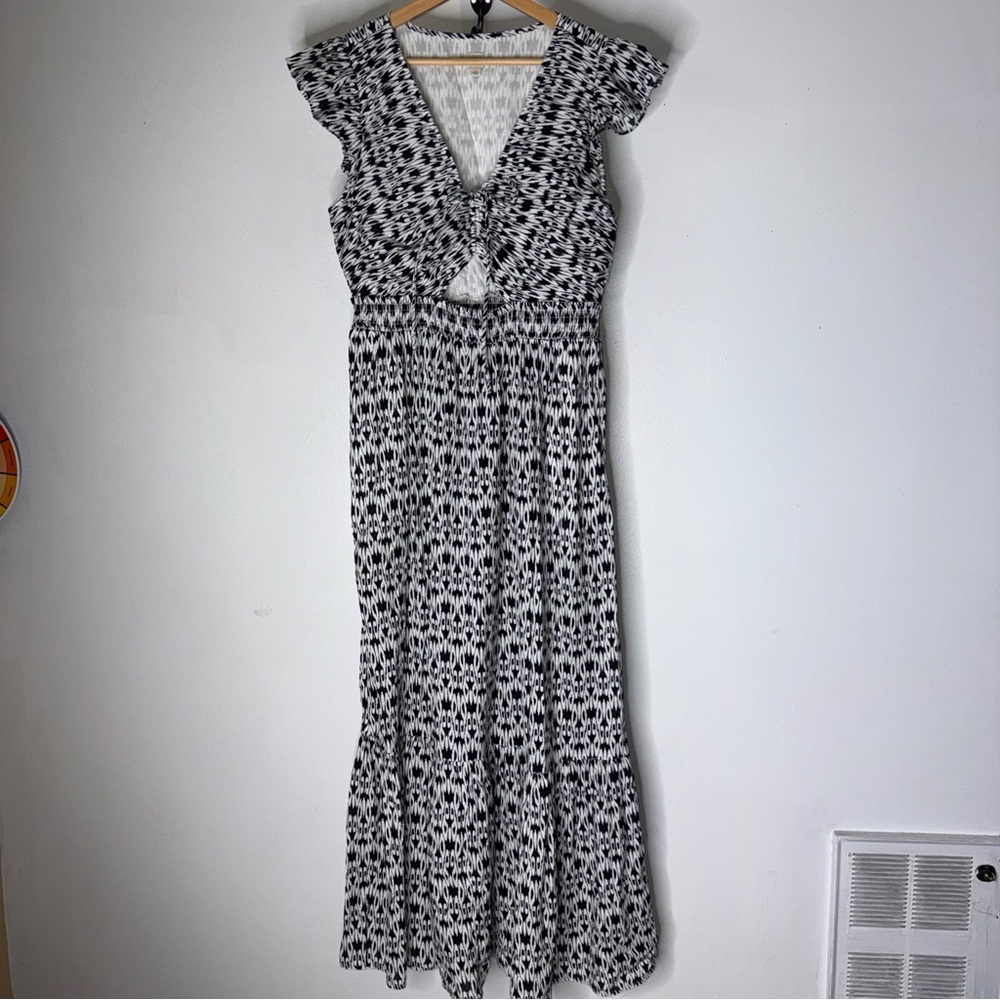 Loft‎ Beach Scroll Cutout Tiered Maxi Dress Black White Medium Boho